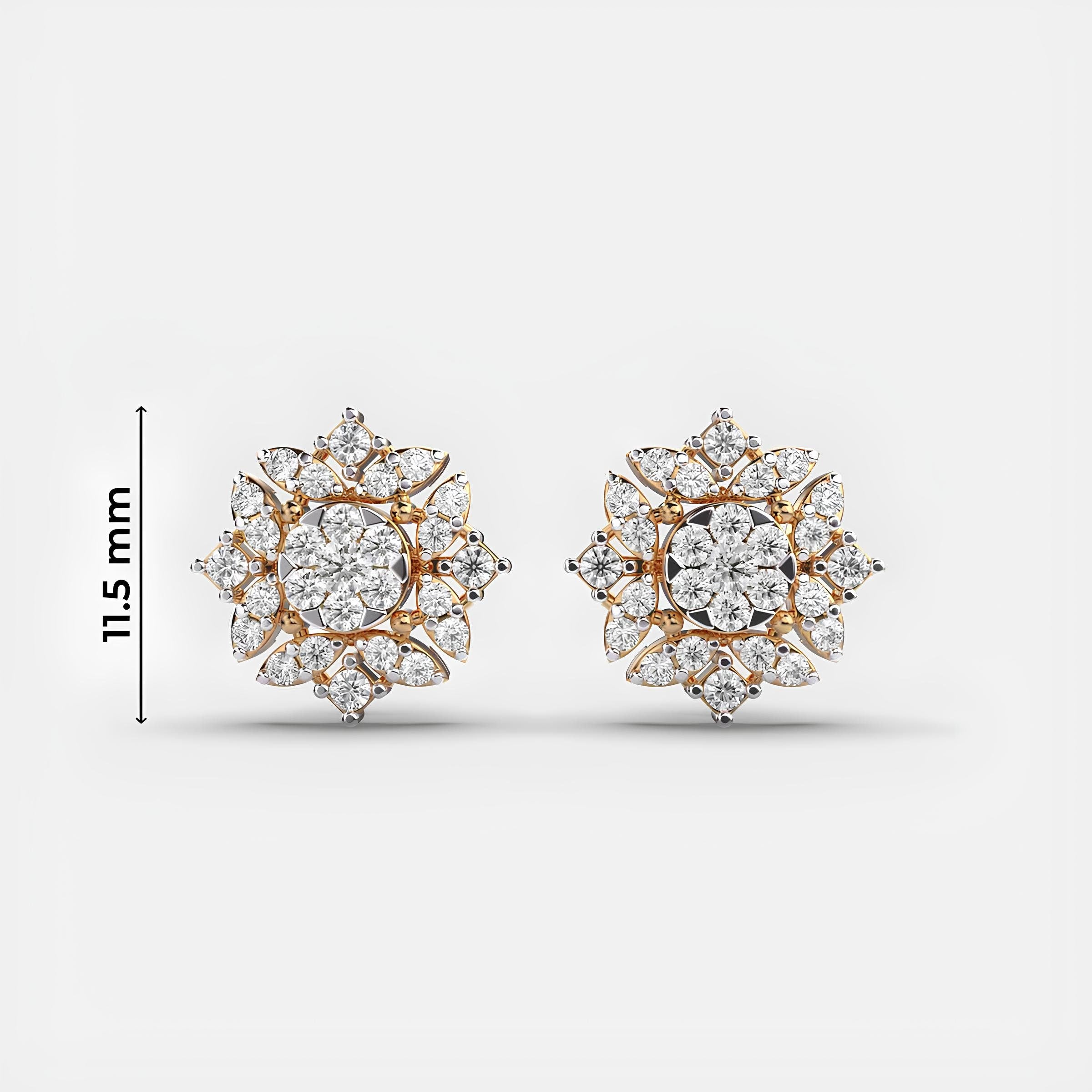 14K Solid Gold Floral Fantasy Cluster Stud Earrings EF VS/SI Round Lab-Grown Diamonds Elegant Minimalist Design Perfect Christmas Gift for Her